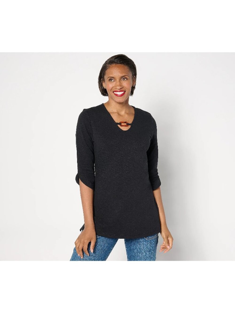 Denim and Co Tunic Top Small Texture Knit 3/4 Sleeve with Tortoise Black NEW